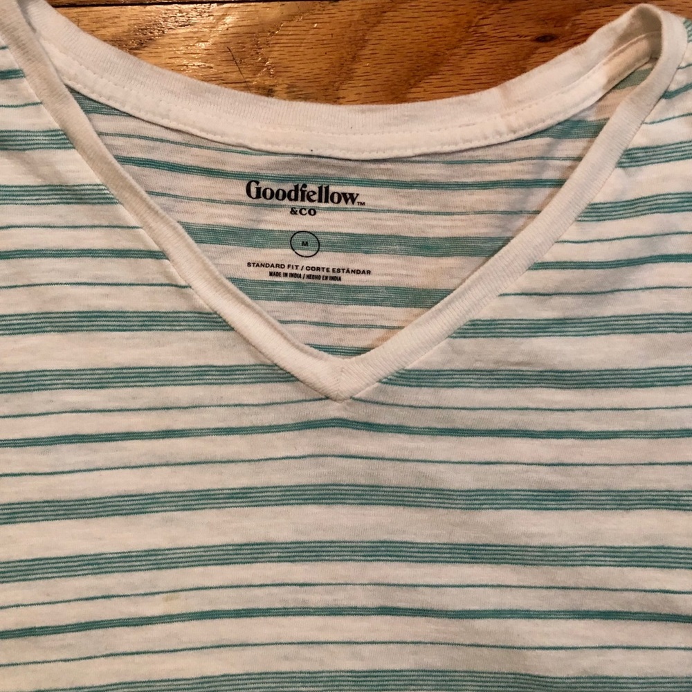 White V-neck t-shirt with blue/green stripes, medium - Picture 4 of 5